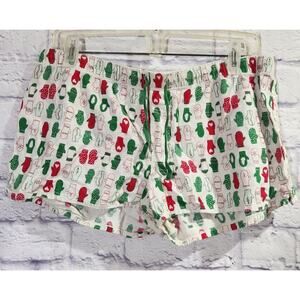 White Red Green Christmas Mittens Print Flannel Sleep Shorts Medium Lightweight
